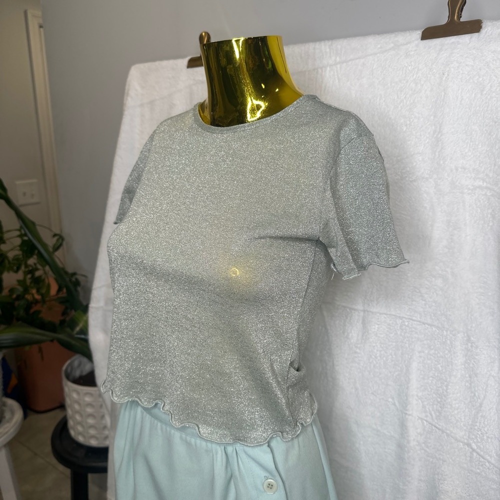 90s Surfer Urban Outfitters Silver‎ Metallic Lurex Baby Tee Lettuce Edge Small